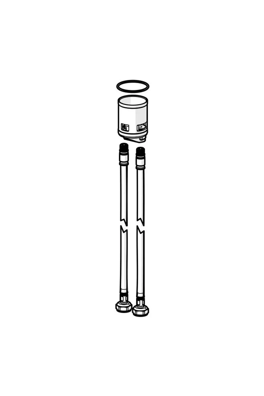 Anschlussteil mit zwei Schläuchen und einem mittigen Element. Geeignet für die Verbindung in Sanitärinstallationen, hergestellt von HANSA.